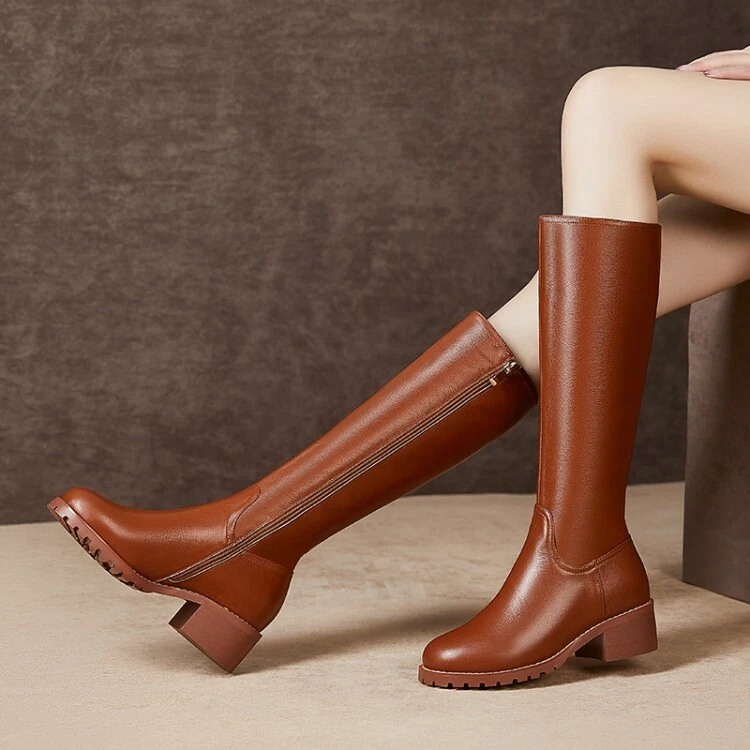 Fashion Women Knee High Boots Real Leather Square Heel Black Brown