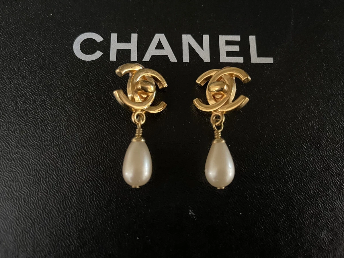 Vintage Chanel Turn Lock Swing Faux Pearl Earrings