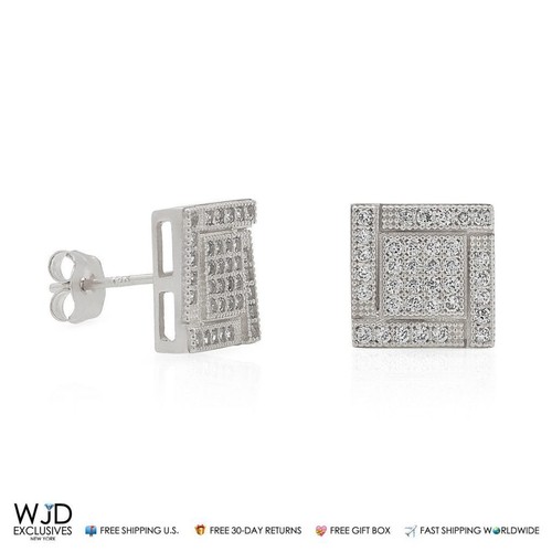 14K Solid White Gold 1.5Ct CZ Square Shaped Stud Earrings 8.5mm - Picture 2 of 4