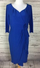 ADRIANNA PAPELL Cobalt Blue Rosette Faux Wrap Ruffle Notch Neck Sheath Dress 10
