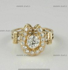 2.00CT Round Cut Moissanite Horse Shoe Art Deco Ring 14k Real Yellow Gold Plated