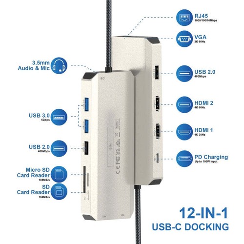 Adaptador multipuerto WAVLINK WL-UMD301 12 en 1 2*HDMI+1*VGA triple pantalla USB-C H - Imagen 2 de 8