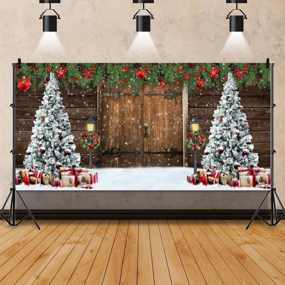 Telón de fondo de fotografía de Navidad de 20x10 pies rústico puerta de madera de granero regalos de árbol de Navidad... Foto 3 de 4