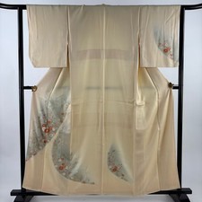 Japanese Silk Kimono S 158.5cm Beige Autumn grass Partial dyeing Lined Gold 6404