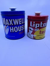 Vtg Maxwell Coffee Lipton Tea Canister Button-Top Tin JL Clark Containers 1960's