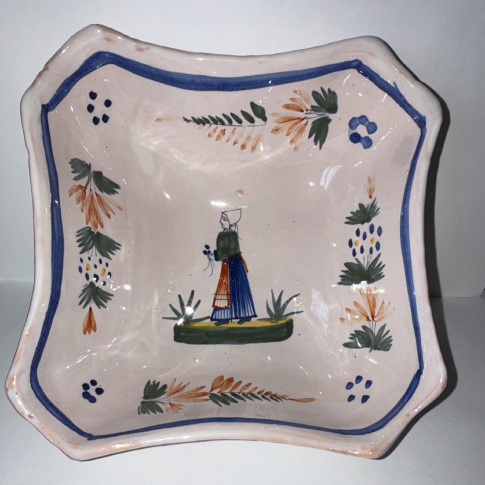 Henriot Quimper Hand Painted Faience Pottery Bowl 7”Square Vintage Breton Woman