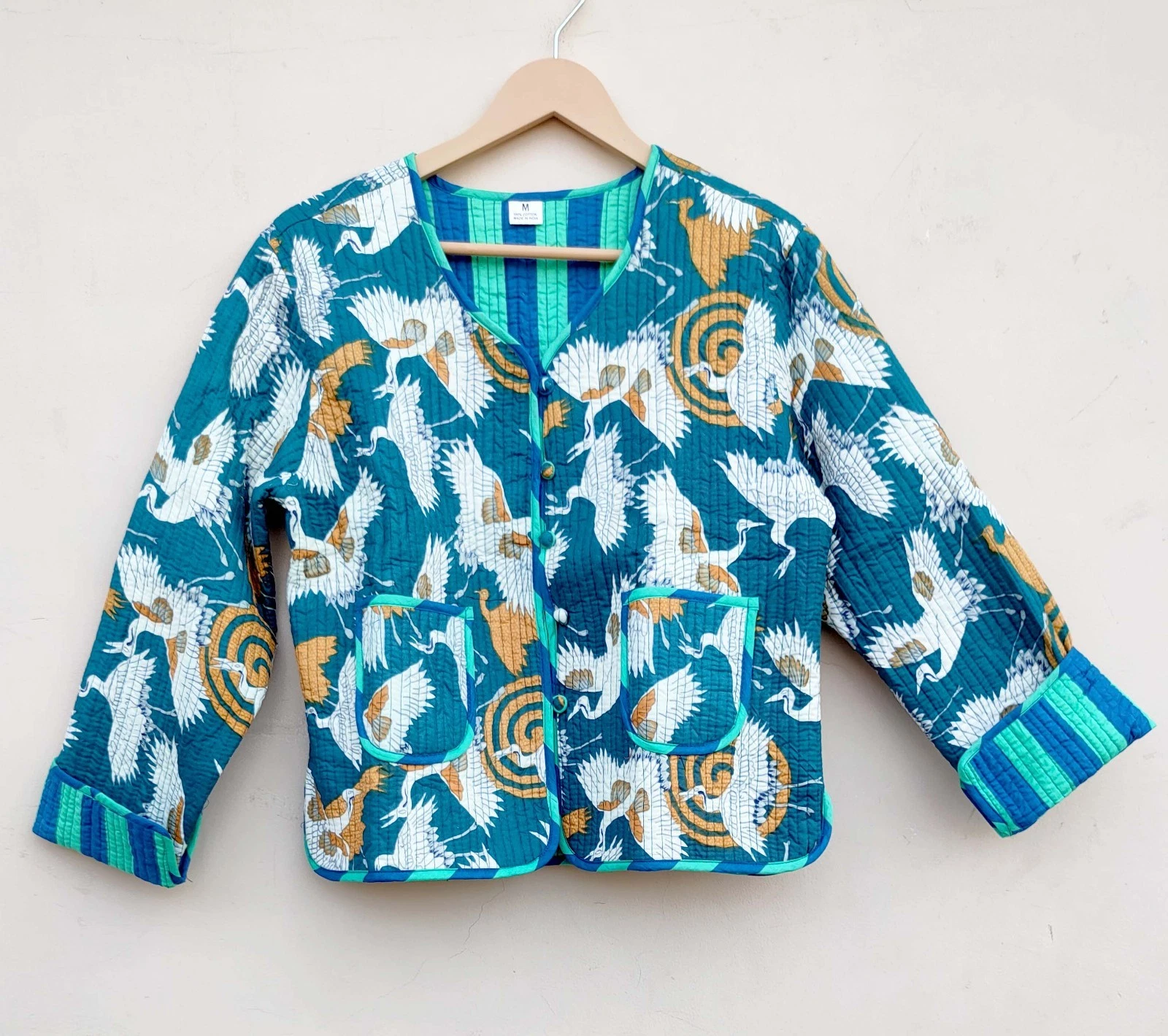 Indian Blue Floral 100%Cotton Quilted Unisex Jacket Womens Clothing Jacket US