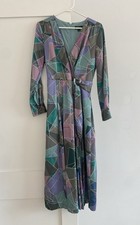 TAHARI Green Satin Geometric Midi Pleaded Long Sleeve Spring Dress w/Belt 4