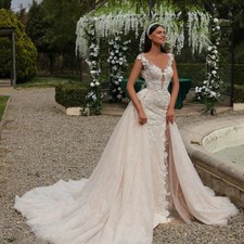 Elegant Floral Mermaid Wedding Dresses Spaghetti Strap High Slit Bridal Gowns