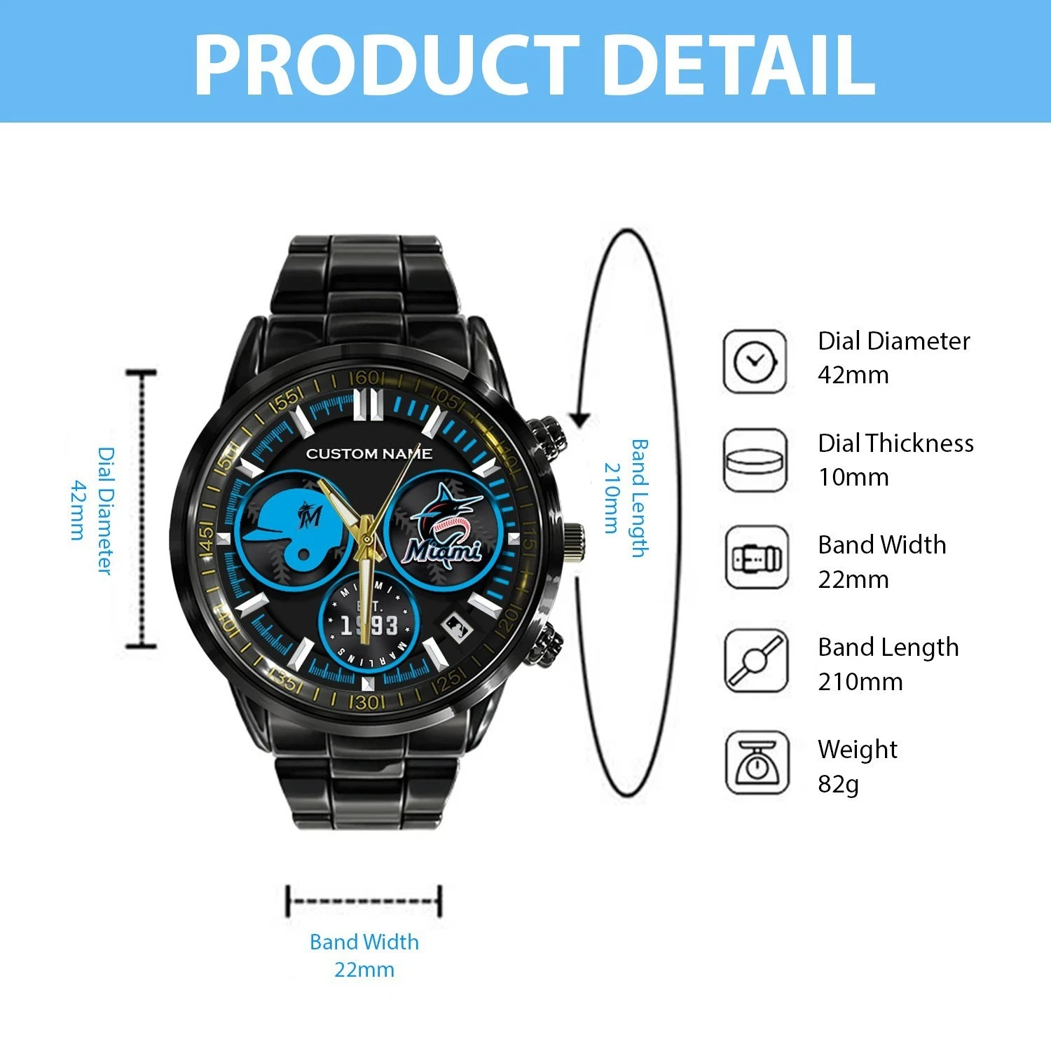 Personalized Miami Baseball Marlinss Team Men Black Stainless Steel Watch Gift