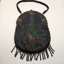 Vintage Micro Beaded Floral Evening Bag Black Fringe Kiss Lock Antique 20's