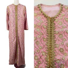 Vintage 60s Caftan Moroccan Style, Loungewear Maxi Dress, Pink Gold Caftan S/M