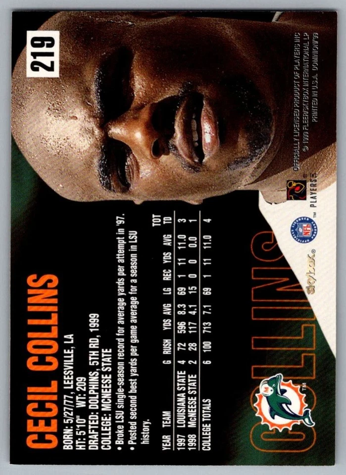 1999 SkyBox Dominion Cecil Collins Rookie Miami Dolphins #219 - Image 2 of 2
