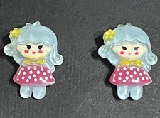 Child  s Blue Hair Girl W/ Pink Polka Dot Dress  Hypoallergenic Post Earrings