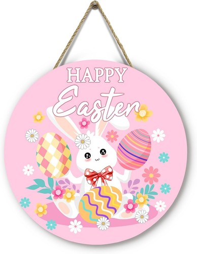 Happy Easter Bunny Front Door Signs Pink Rabbit