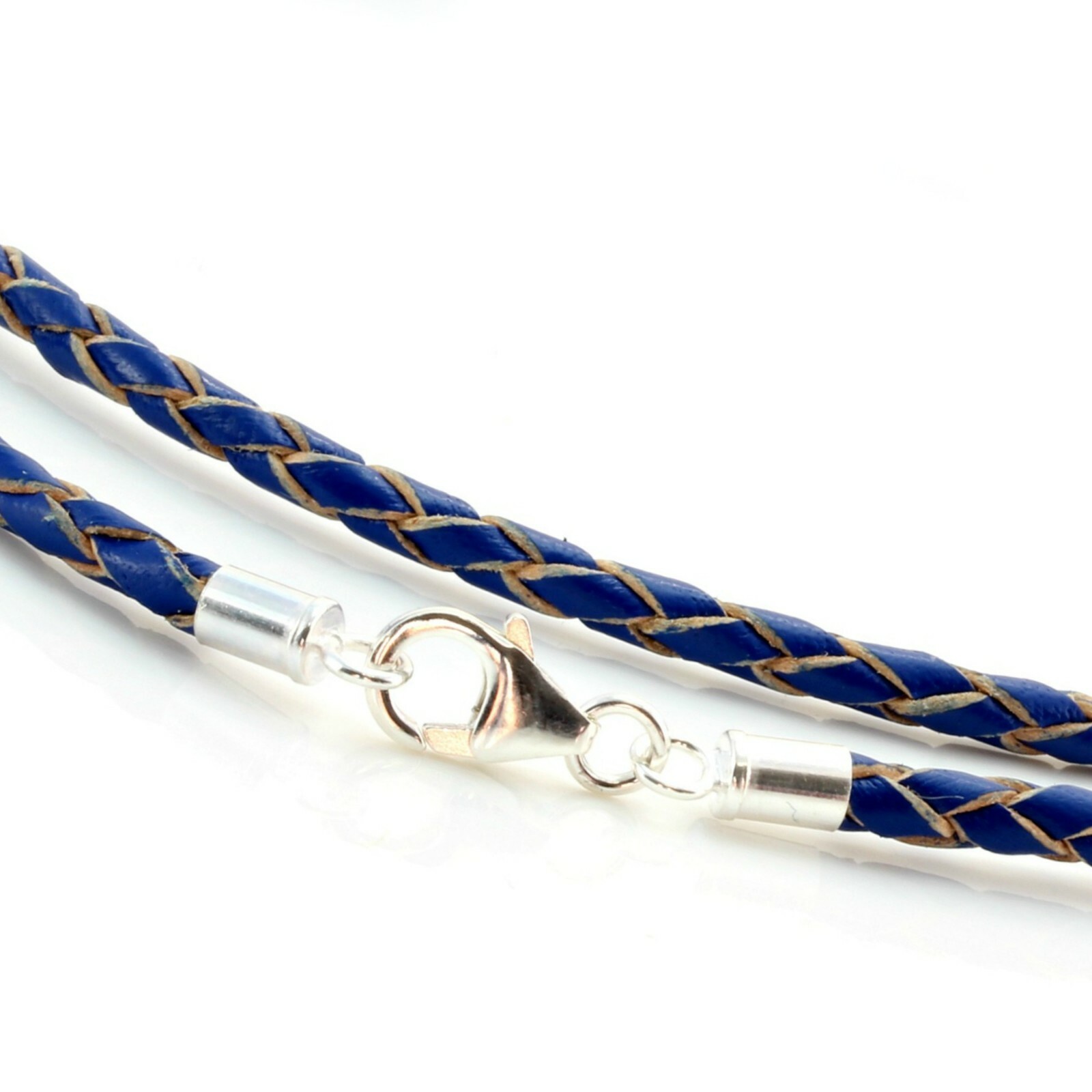 Collar De Cuero Azul Con Cierre De Plata De Ley De 3mm Cordón De Cuero Trenzado