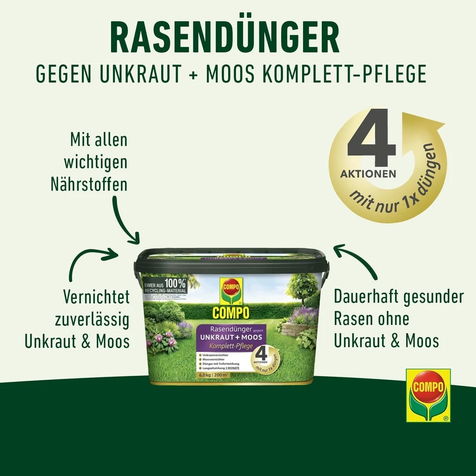 COMPO Rasendünger 6 kg, 200 m² gegen Unkraut + Moos Komplett-Pflege Langzeit - Bild 2 von 4