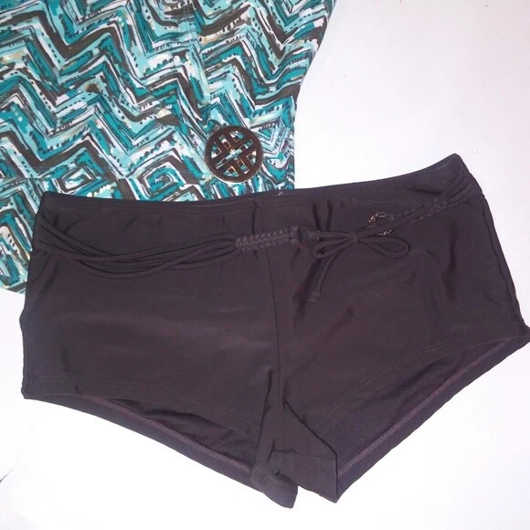 Jaclyn Smith Tankini Swim Set Size 6 Brown Blue Shortie Bottom Halter Top - Image 2 of 4