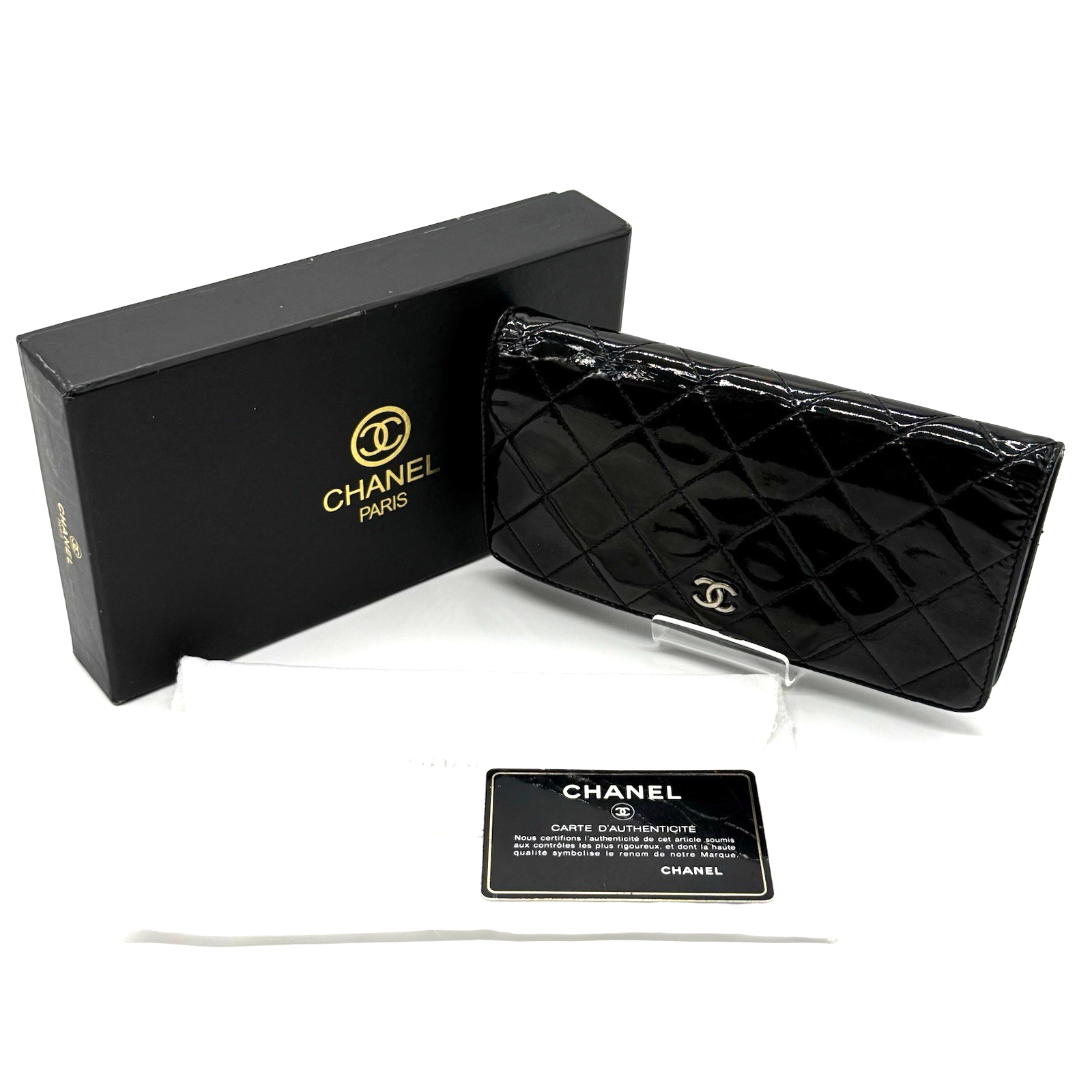 CHANEL Black Patent Leather Matelasse Long Wallet with CC Coco Mark Authentic