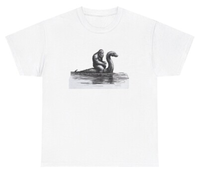 Bigfoot Riding Lochness Monster T Shirt Funny Mythical Creature Sasquatch Tee