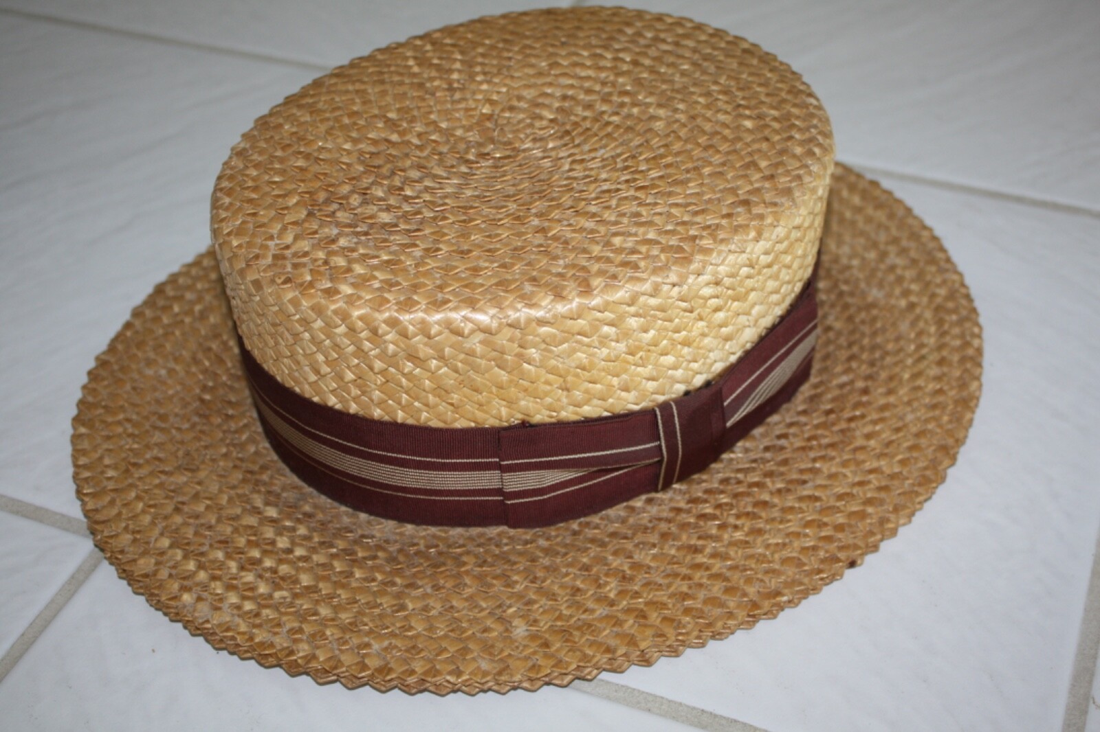 Vintage Men's Straw Boater Skimmer Hat Gem