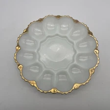 Vintage Milk Glass Deviled Egg Plate With Gold Trim- 9"
