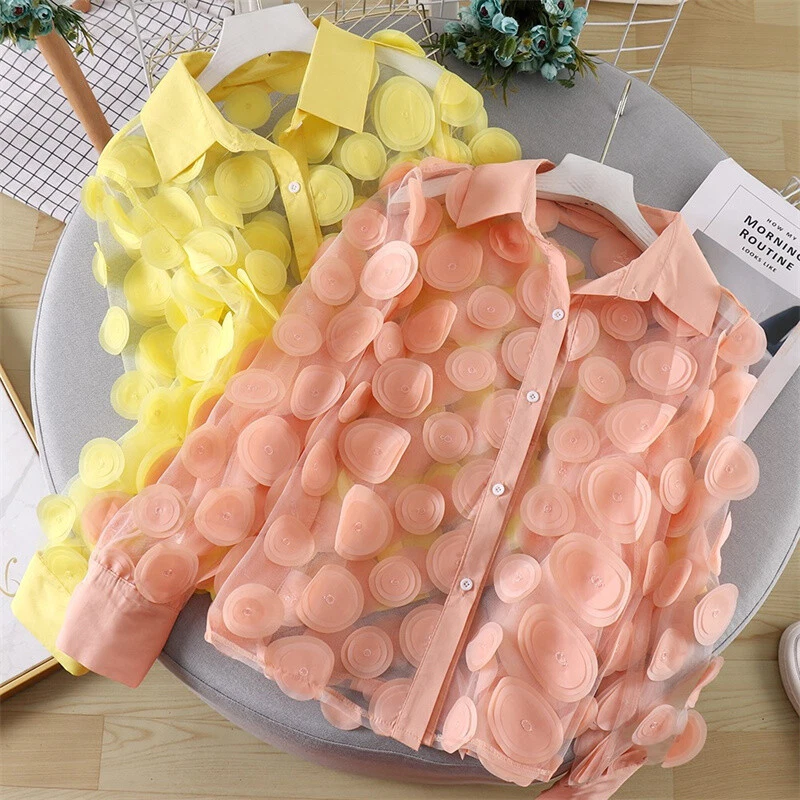 Shirt Blouse Tops Puff Sleeve Sheer Polka Dot 3D Women Mesh Chiffon - Imagem 2 de 4