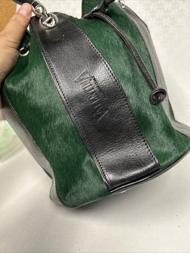 VINTAGE VALENTINA ITALY Green & BLACK LEATHER DRAWSTRING BUCKET BAG ~NICE~ - Picture 3 of 23