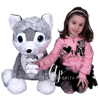 +++ Siberian Sibirien Husky Hund Plüsch 60cm Mit Baby Sitzen Groß Weich Plush