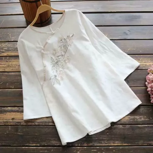 Women's Cotton and Linen Retro Embroidery Diagonal Button Loose Blouse T-Shirt - Picture 15 of 20