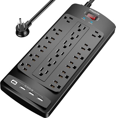 18-Outlet Power Strip Surge Protector w/ USB Ports, 6Ft Cord, Flat Plug, ETL