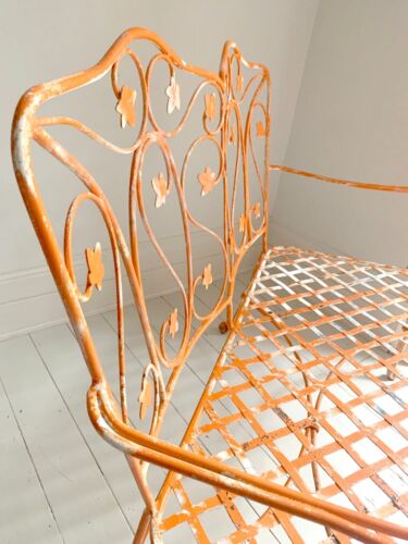 Vintage Ornate Wrought Iron Two Seater Garden Bench, Leaf Design in Faded Orange - Picture 6 of 11