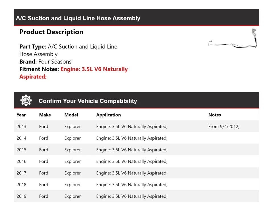 Conjunto de manguera de línea líquida y succión de aire acondicionado Ford Explorer 2013-2019 4 estaciones Foto 2 de 4