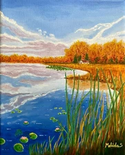Lake ORIGINAL Painting, Sky Reflections, Lake Reflections Water Lilies Art 8x10