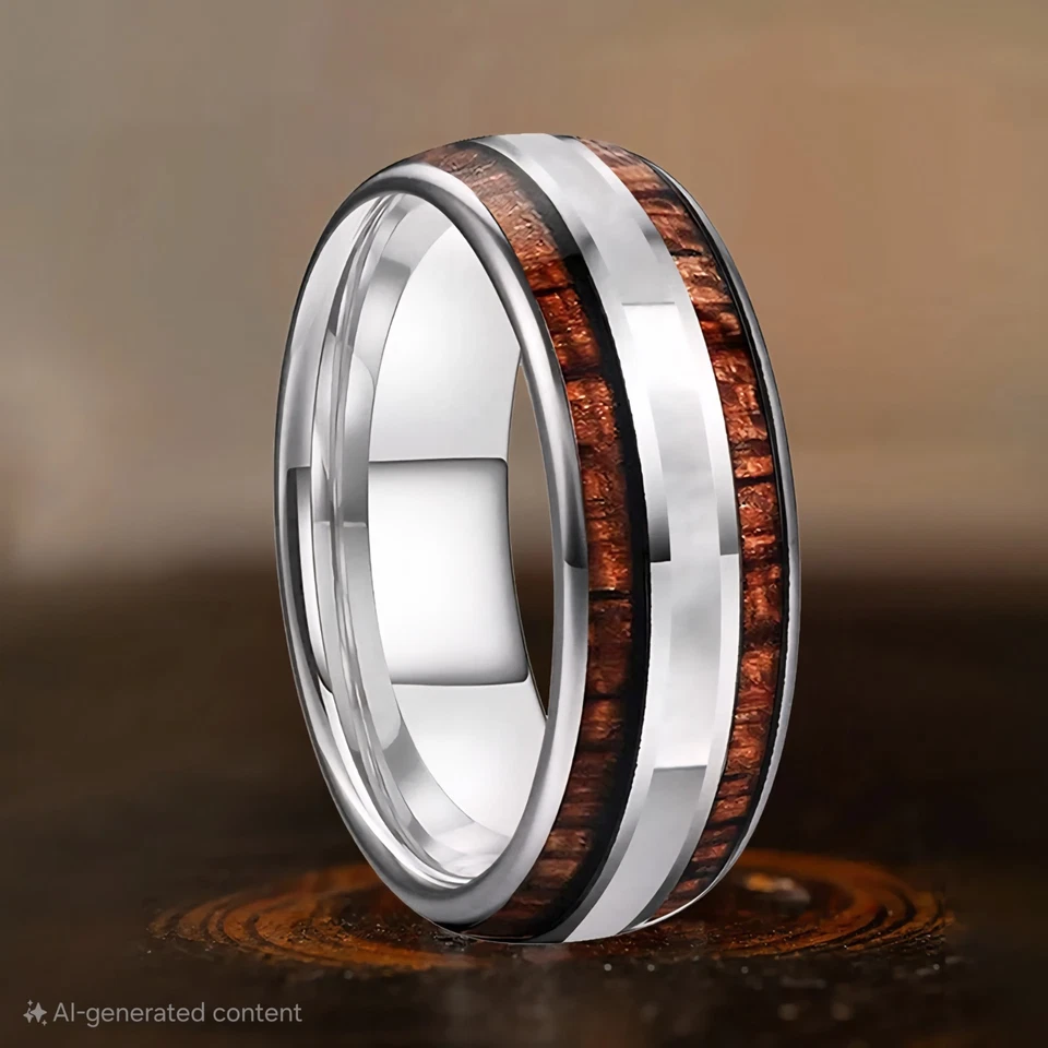 Anillo de carburo de tungsteno de 8 mm para hombres y mujeres banda de madera de koa y madreperla anillo concha Foto 3 de 4