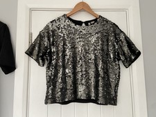 H&M Womens Black Silver Sequin Sparkly Short Sleeve Crop Top T-Shirt Size M