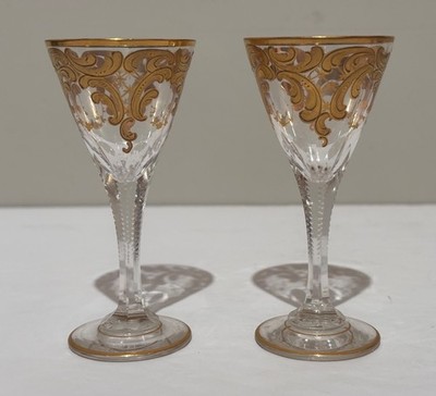 PAIR Antique BOHEMIAN Crystal CORDIAL GLASS Thumbprint Notched Stem GILT c.1890