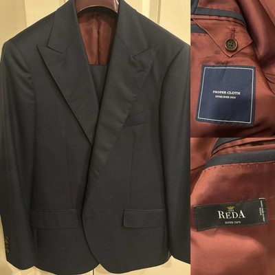 Proper Cloth Navy Blue Suit 44S 38W 32L Reda Super 120s Peak Lapels Surgeon Cuff
