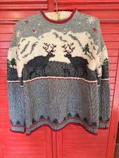 jones new york Sport M wool Lambswool Ski Winter Scene Pullover Sweater Vtg Styl