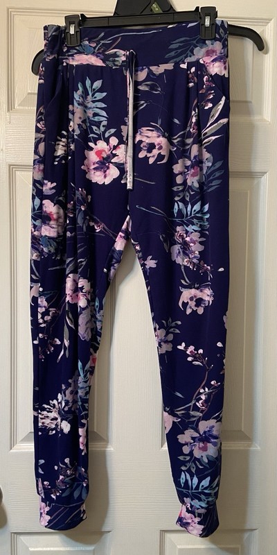 Lildy Women’s Navy Floral Jogger Pants, Pockets, Elastic Waist, Tie, Size L-XXL