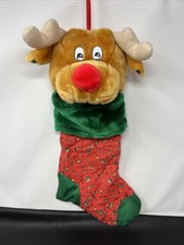 Vintage Plush Stocking Reindeer Rudolph Christmas 20 Red Green