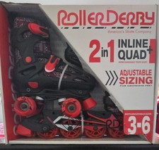 NEW Roller Derby Black/Red Boys Adjustable Size Inline Quad Combo Skates USA 3-6