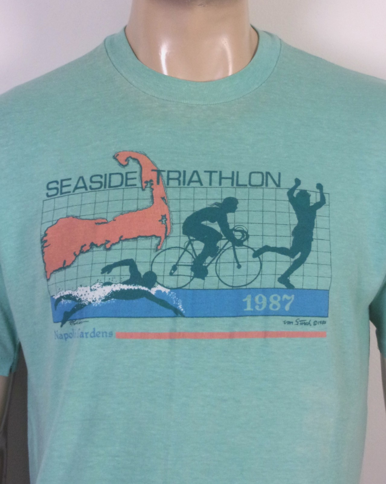 vintage 80s single stitch thin 1987 Seaside Triathlon T-Shirt Napoli Garden L