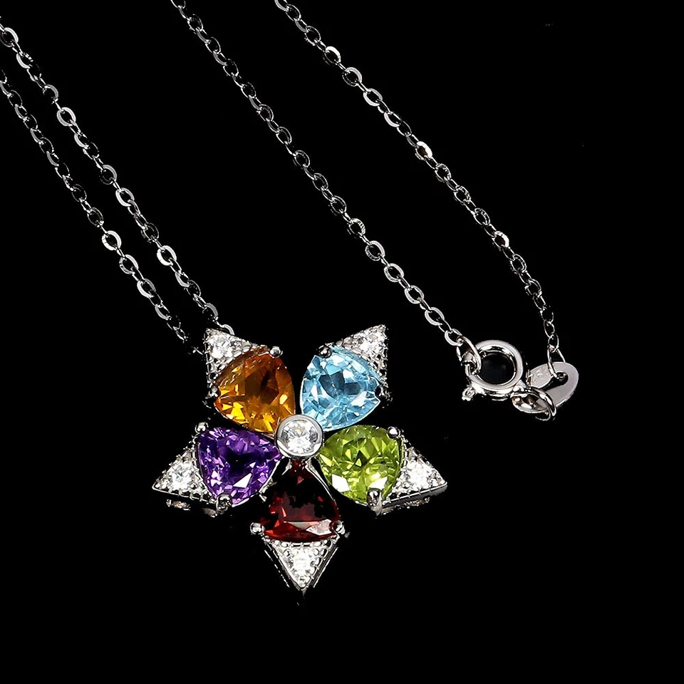 925 Argento Sterling Collana Trilliant Peridoto Ametista Citrino Naturale Gemma - Immagine 2 di 4
