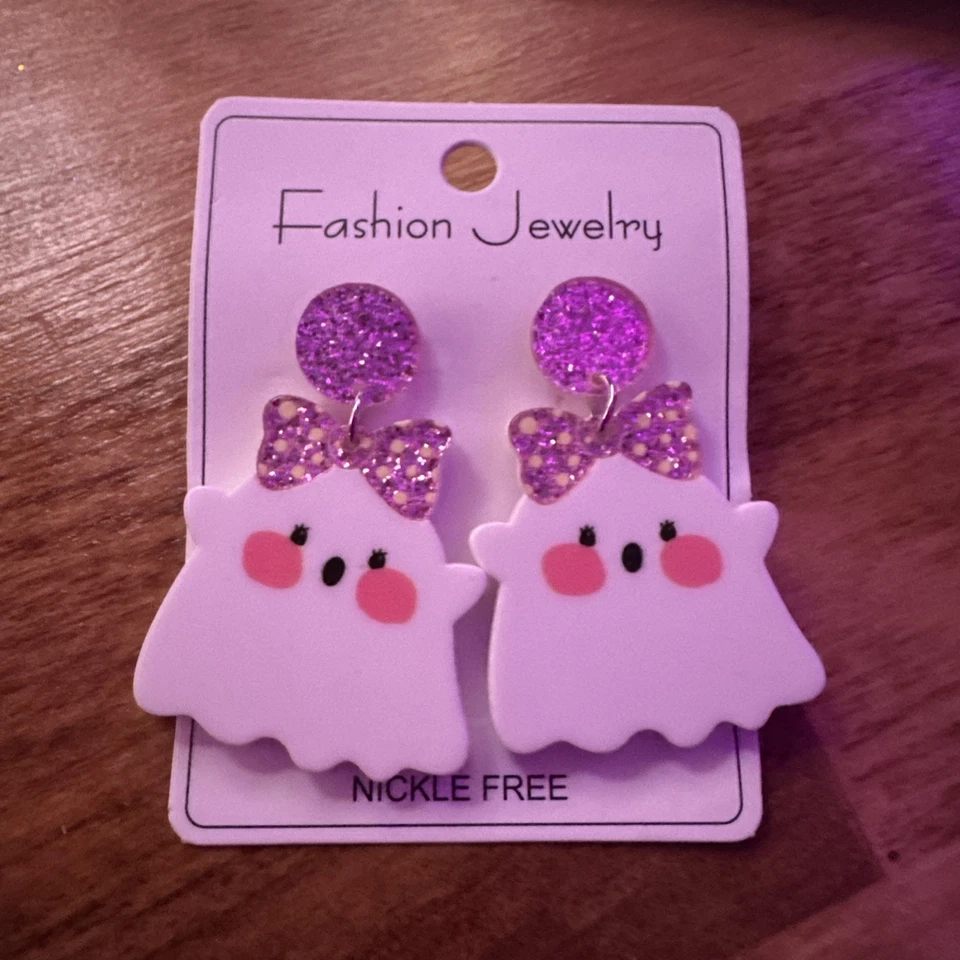 Brincos fofos rosa glitter fantasma – Brincos pendurados de Halloween – Sem níquel - Imagem 3 de 3