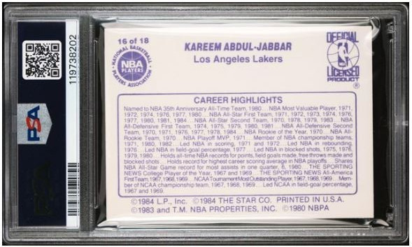 1985 Star Kareem Abdul-Jabbar Signed Card #16 Certified PSA 8 DNA Auto 10 HOF view 3