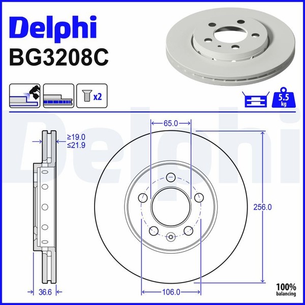2X Delphi Bremsscheibe BG3208C FüR Audi A1 A3 Ibiza Leon Seat Skoda Fabia 1J1 VW-image