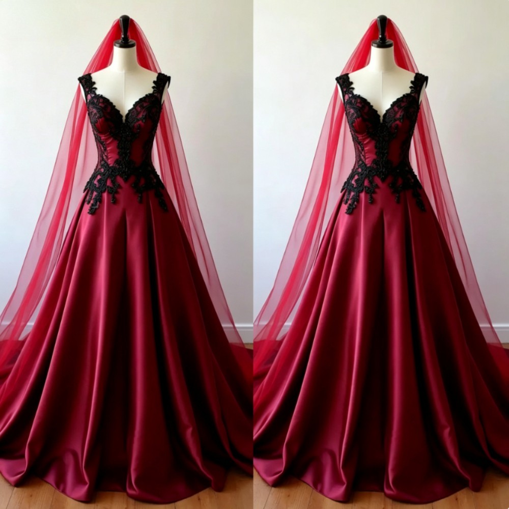 Vestidos de novia vintage de satén con velo rojo vino gótico negro calcomanía vestidos de novia