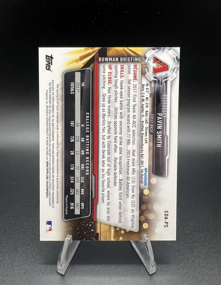 2017 Bowman Draft Chrome Draft Pick Autographs Pavin Smith RC Diamondbacks 1st - Image 2 of 2