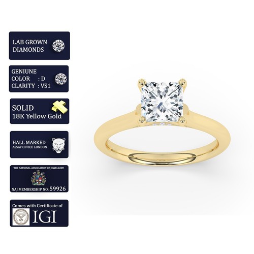 IGI, 2 CT ,Solitaire Lab-Grown Princess Diamond Engagement Ring, 18K Yellow Gold - Picture 6 of 24